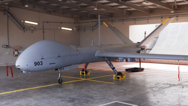 An Israeli Air Force Hermes 900 unmanned aerial vehicle (UAV) at Palmachim Airbase in Palmachim, Israel, on Nov. 22. Photographer: Kobi Wolf/Bloomberg