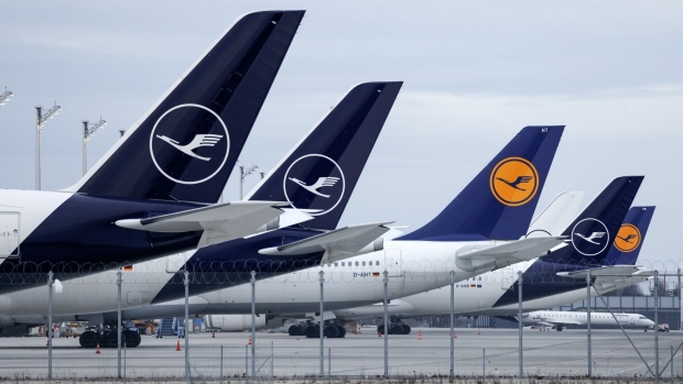 Passenger aircraft, operated by Deutsche Lufthansa AG, grounded during a strike by ground crews, services staff and security personnel, at Munich International Airport in Munich, Germany, on Friday, Feb. 17, 2023. Germany’s two largest airports, Frankfurt and Munich, came to a virtual standstill today as ground staff stage another strike over pay, exacerbating an already chaotic week for air travel after a system outage brought down Deutsche Lufthansa AG’s operations two days ago.