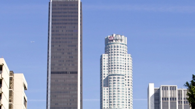 The Aon Center building, left, in Los Angeles.
