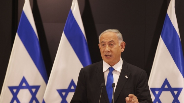 Benjamin Netanyahu, Israel's prime minister, speaks during a news conference in Tel Aviv, Israel, on Monday, April 10, 2023. Rare rocket attacks from Syria embroiled Israel on yet another front after days of escalating regional violence ignited by a clash at a Jerusalem holy site.