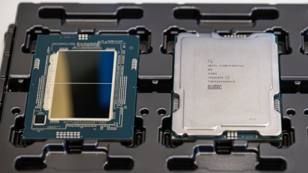 A 5th Gen Intel Xeon processor during the Intel AI Everywhere launch event in New York, US, on Thursday, Dec. 14, 2023. Intel Corp. announced new chips for PCs and data centers that the company hopes will give it a bigger slice of the booming market for artificial intelligence hardware.