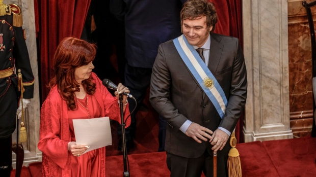 Javier Milei, right, stands by former President Cristina Fernandez de Kirchner during his inauguration ceremony on Dec. 10.