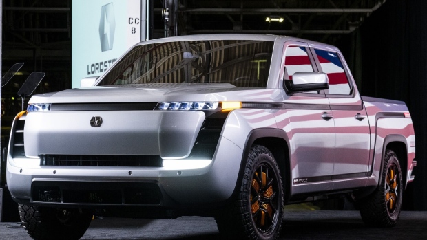 The Lordstown Motors Corp. Endurance electric pickup truck is displayed during an unveiling event in Lordstown, Ohio, U.S., on Thursday, June 25, 2020.