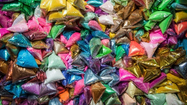 Bags of glitter are displayed for sale at Toul Tom Pong Market in Phnom Penh, Cambodia, on Monday, July 23, 2018. Asia’s longest-serving Prime Minister Hun Sen seeks re-election on July 29. Photograph: Taylor Weidman/Bloomberg