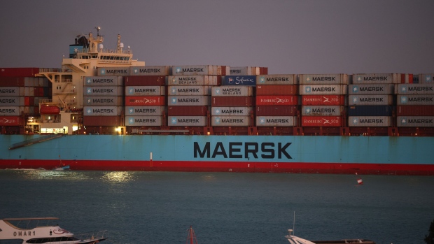 The Maersk Sentosa container ship sails southbound to exit the Suez Canal in Suez, Egypt, on Thursday, Dec. 21, 2023. A steep decline in the number of tankers entering a vital Red Sea conduit suggests that attacks on ships in the area are further disrupting a key artery of global trade.