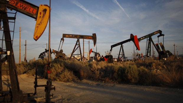 Pump jacks and wells in an oil field on the Monterey Shale formation near McKittrick, California. 