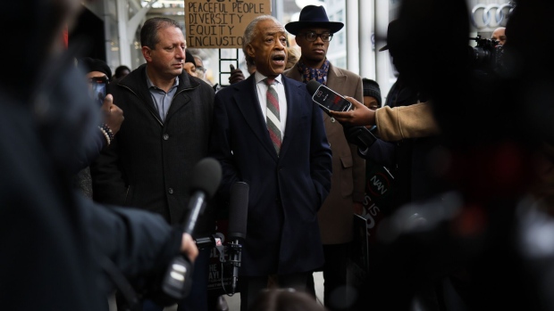 NEW YORK, NEW YORK - JANUARY 04: Founder and president of the National Action Network (NAN) Rev. Al Sharpton gives remarks to members of the media as members of NAN hold a protest outside the office of hedge fund billionaire Bill Ackman on January 04, 2024 in New York City. Rev. Sharpton held a protest outside the office Ackman, who is a Harvard alum, after the resignation of Claudine Gay as president of the school. Sharpton states that Ackman led campaign against former President Gay "not because of her leadership or credentials but because he felt she was a DEI hire." (Photo by Michael M. Santiago/Getty Images) Photographer: Michael M. Santiago/Getty Images