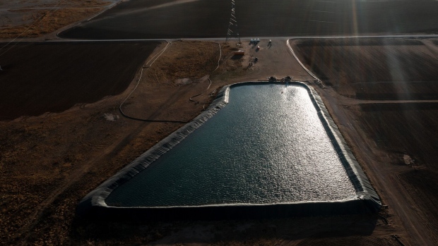 A wastewater holding tank near Midland, Texas, U.S. on Tuesday, April 5, 2022. West Texas, the proud oil-drilling capital of America, is now also on the cusp of becoming the earthquake capital of America.
