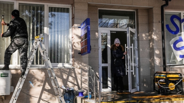 A branch of Sense Bank JSC in Bucha, Ukraine, on Wednesday, Feb. 8, 2023. March 31 marks the one-year anniversary of the liberation of Bucha, the town northwest of Kyiv, from a brutal, weeks-long Russian occupation.