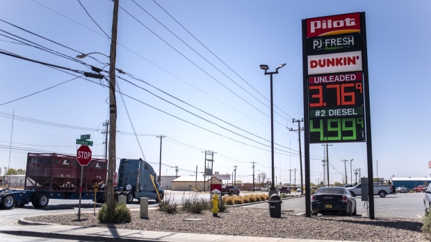 Fuel prices outside a Pilot Travel Centers LLC truck stop in Midland, Texas, US, on Saturday, April 9, 2022. Midland, Texas, is used to booms and busts. But even here, prices are shocking the local economy — and the Fed may not be able to help. Photographer: Sergio Flores/Bloomberg
