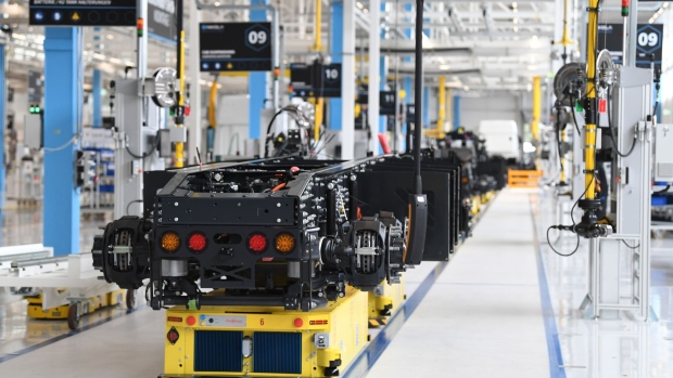 Electric truck production line at the unveiling of the Iveco-Nikola electric truck plant in Ulm, Germany, on Wednesday, Sept. 15, 2021. Nikola Iveco Europe GmbH hosted an event where its partner Iveco -- the commercial-vehicle unit of CNH Industrial NV -- is preparing to start series production of Nikola Tre heavy-duty trucks by year-end. Photographer: Andreas Gebert/Bloomberg