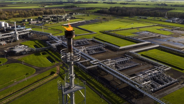 A natural gas extraction plant and pipework above ground in Groningen, Netherlands. 