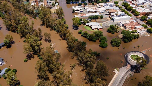 ROCHESTER, AUSTRALIA - JANUARY 09: A drone view of the flooded part of the township on January 09, 2024 in Unspecified, Australia. 