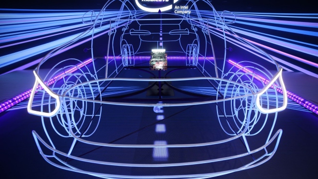 A display highlights Mobileye's autonomous driving technology.