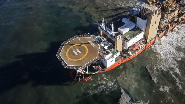 A mining vessel uses a 'crawler' device to trawl the seabed in the Atlantic Ocean.