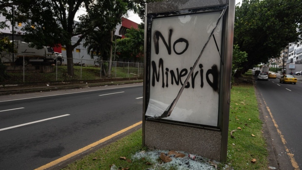 Graffiti that reads "No Mining" during a protest against First Quantum Minerals Ltd. in Panama City, Panama, on Wednesday, Oct. 25, 2023. Labor unions, environmentalists and students paralyzed swathes of Panama on Wednesday as mass protests against FQM's giant copper mine show no sign of abating.