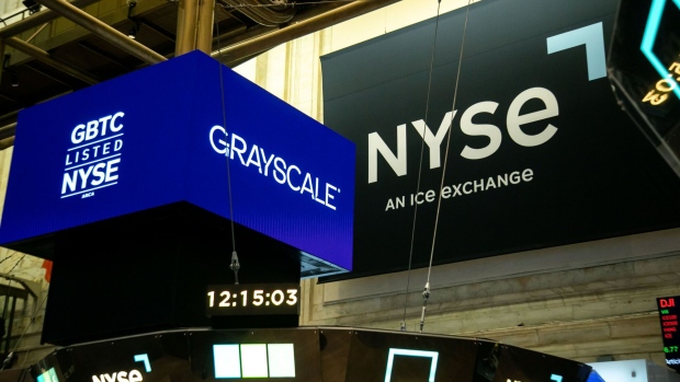 Grayscale Bitcoin Trust ETF signage on the floor of the New York Stock Exchange on Jan. 11.