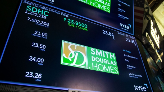 Smith Douglas Homes Corp. signage during their initial public offering on the floor of the New York Stock Exchange on Jan. 11.