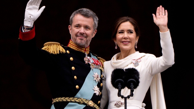 King Frederik X and Queen Mary of Denmark at Christiansborg Palace in Copenhagen, on Jan. 14. Photographer: Bo Amstrup/AFP/Getty Images