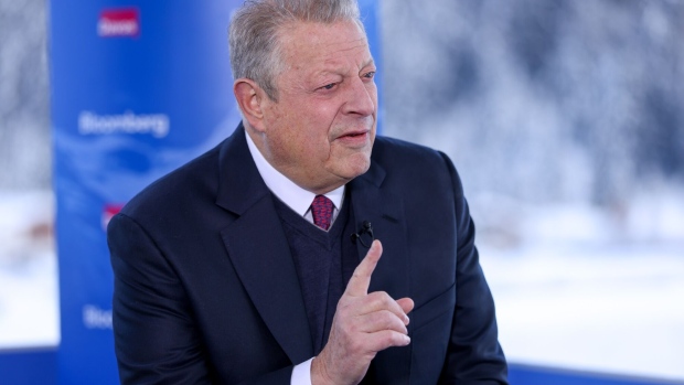 Al Gore, chairman of Generation Investment Management LLP, during a Bloomberg Television interview ahead of the World Economic Forum (WEF) in Davos Switzerland, on Monday, Jan. 15, 2024. The annual Davos gathering of political leaders, top executives and celebrities runs from January 15 to 19.
