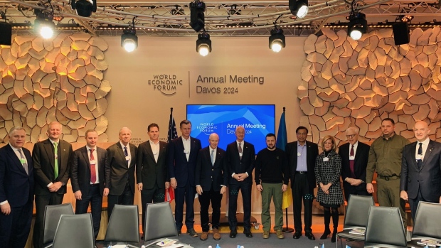 Volodymyr Zelenskiy with business leaders in Davos. Photographer: Sridhar Natarajan/Bloomberg