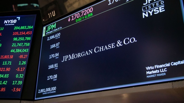 JPMorgan Chase & Co. signage on floor of the New York Stock Exchange (NYSE) in New York, US, on Tuesday, Jan. 2, 2023. US stocks are likely to take a breather from their rapid gains before a potential fresh catalyst arrives in the form of the next earnings season, according to Oppenheimer Asset Management. Photographer: Michael Nagle/Bloomberg
