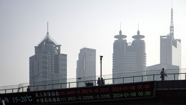 An electronic ticker displays stock figures in Pudong's Lujiazui Financial District in Shanghai, China, on Tuesday, Jan. 9, 2024. China's stock market suffers from a lack of positive drivers as the new year begins, and Beijing's support efforts are likely to keep falling flat amid persistent risks. Photographer: Qilai Shen/Bloomberg
