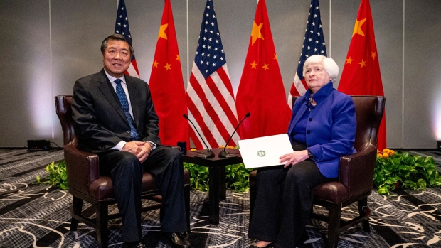Janet Yellen, US Treasury secretary, and He Lifeng, China's vice premier, during a meeting in San Francisco, California, US, on Friday, Nov. 10, 2023. The engagement between the top US and China economic officials this week marks the next step in a series of talks that have sought to improve testy ties between the world's two largest economies.