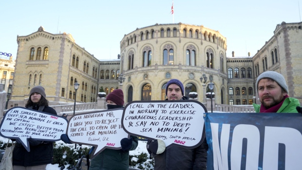 Protesters during a demonstration against seabed mining outside the Norwegian Parliament building in Oslo on Jan. 9. Photographer: Javad Parsa/AFP/Getty Images