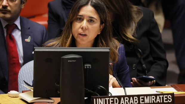 NEW YORK, NEW YORK - OCTOBER 30: Permanent Representative of the UAE to the United Nations Lana Nusseibeh speaks during a Security Council meeting on the Israel-Hamas war at United Nations headquarters on October 30, 2023 in New York City. The Security Council held an emergency meeting requested by the United Arab Emirates seeking a binding resolution demanding that Israel accept a humanitarian pause to the fighting as it begins its ground operation in Gaza. Under-Secretary-General for Humanitarian Affairs and Emergency Relief Coordinator at the UN Martin Griffiths and Commissioner-General of the UN Relief and Works Agency for Palestine Refugees Philippe Lazzarini were called to brief members of the Council regarding the situation on the ground. (Photo by Michael M. Santiago/Getty Images) Photographer: Michael M. Santiago/Getty Images North America