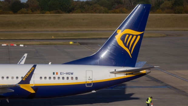 A Ryanair passenger jet at London Stansted Airport.