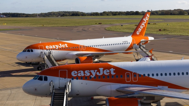 Passenger aircraft operated by EasyJet Plc, on the tarmac at London Luton Airport in Luton, UK, on Monday, Nov. 6, 2023. EasyJet is due to report their full-year results on Nov. 28.