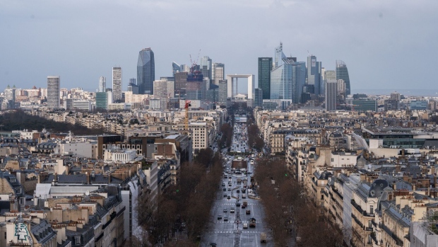 The La Defense financial district on the city skyline, viewed from the Arc de Triomph in central Paris, France, on Monday, Jan. 22, 2024. French Finance Minister Bruno Le Maire said the government will present a bill of measures aimed at luring more foreign financial firms to the euro area’s second-largest economy.