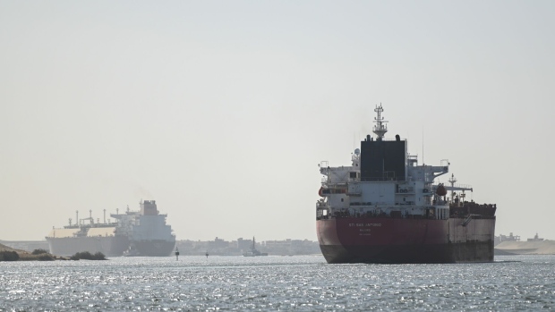 A ship navigates the Suez Canal towards the Red Sea in Ismailia, Egypt.