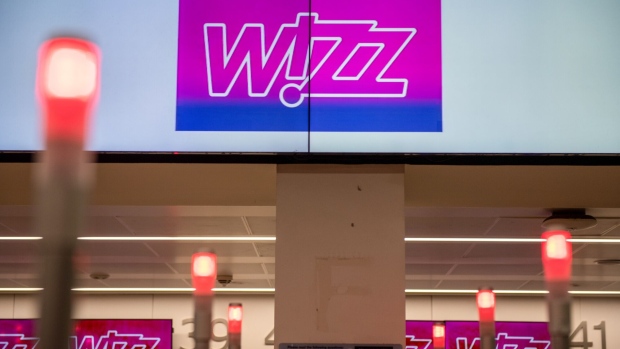 A Wizz Air Holdings Plc airport check-in desk.