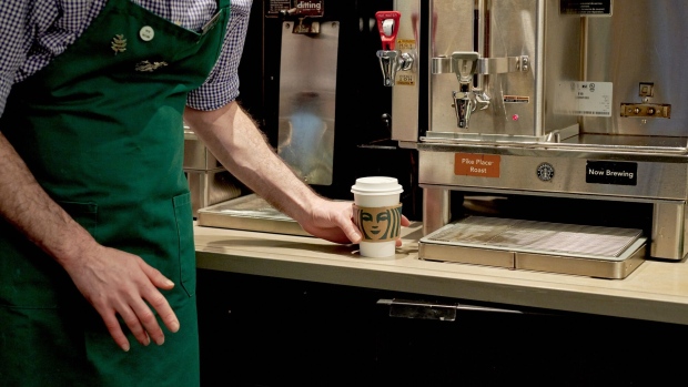 A barista makes coffee at a Starbucks location in New York.