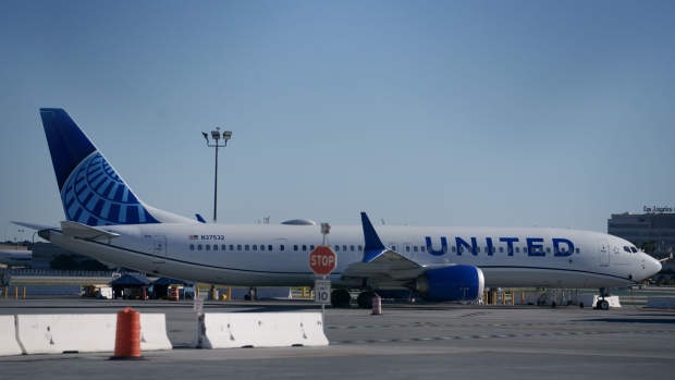 A United Airlines Boeing 737 Max-9 aircraft grounded at Los Angeles International Airport on Jan. 8.