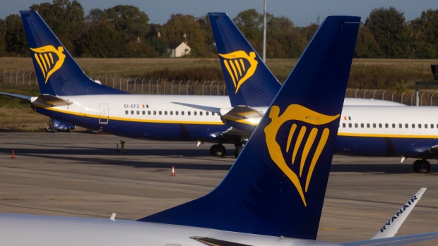 Ryanair passenger aircrafts at London Stansted Airport.
