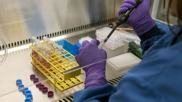 A scientist uses a pipette and plastic vials whilst working on stem cells inside a stem cell research laboratory at the GlaxoSmithkline Plc Research and Development center in Stevenage, U.K., on Tuesday, Nov. 26, 2019. Glaxo is exploring the trillions of microbes that inhabit the gut in pursuit of novel ways to prevent some of the world’s most common ailments. Photographer: Simon Dawson/Bloomberg