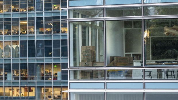 Moving boxes in an empty office space in San Francisco, California, US, on Tuesday, Dec. 5, 2023. San Francisco's office vacancy rate reached a record 34% in the third quarter, according to the real estate brokerage CBRE Group.