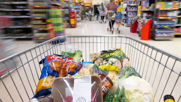 CARDIFF, WALES - OCTOBER 23: In this photo illustration, a trolly of shopping filled with produce used in a traditional Sunday roast dinner is seen on October 23, 2022 in Cardiff, Wales. The cost of a home-cooked Sunday roast for a family of four has reached its highest level in over a decade with inflation at 10.1%. (Photo by Matthew Horwood/Getty Images)