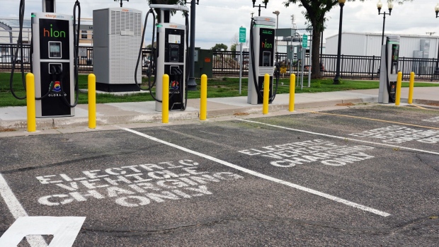 ChargePoint electric vehicle (ev) charging stations along Highway 50 in Lamar, Colorado, US, on Wednesday, Aug. 9, 2023. The US has added more than 1,200 public fast-charging stations in the past 12 months, filling in electron deserts and expanding the reach of the Great American Electric Road Trip.