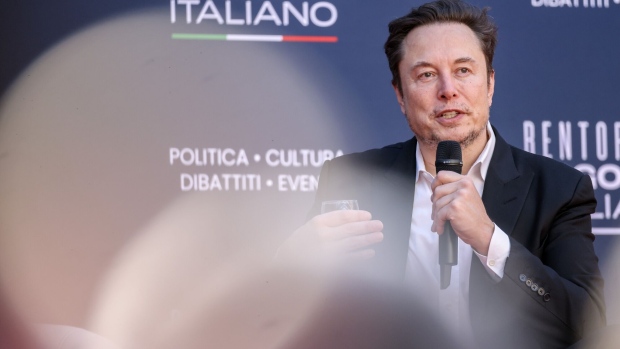 Elon Musk, chief executive officer of Tesla Inc., speaks at the Atreju convention in Rome, Italy, on Saturday, Dec. 16, 2023. The annual event, organized by Giorgia Meloni's Brothers of Italy party, began in 1998 as a convention for right-wing youths and has evolved into a political kermesse, including ministers and members of the opposition.