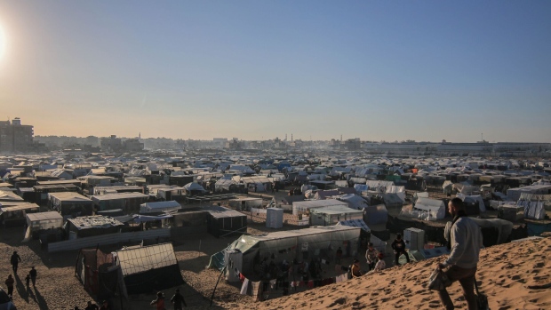 A makeshift tent camp for displaced Palestinians in Rafah, southern Gaza Strip, on Monday, Jan. 15, 2024.