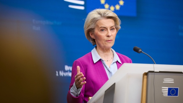 Ursula von der Leyen, president of the European Commission, at a news conference following a summit of European Union leaders in Brussels, Belgium, on Thursday, Feb. 1, 2024. European Union leaders struck a deal as Hungarian Prime Minister Viktor Orban yielded to their demands to lift his veto on a €50 billion ($54 billion) financial aid package for Ukraine. The forint reversed an earlier drop on the news.