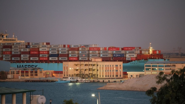 The Maersk Sentosa container ship sails southbound to exit the Suez Canal in Suez, Egypt, on Thursday, Dec. 21, 2023. A steep decline in the number of tankers entering a vital Red Sea conduit suggests that attacks on ships in the area are further disrupting a key artery of global trade.