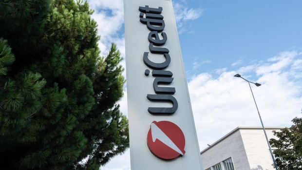 A logo outside a UniCredit SpA bank branch in Brescia, Italy, on Tuesday, Aug. 8, 2023. Italian stocks tumbled after a surprise new tax on bank profits sent the country's lenders tumbling, erasing as much as 9.5 billion ($10.4 billion) from their combined market capitalization.