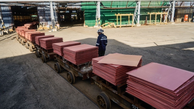 Copper plates ready for shipping at the Mufulira refinery in Mufulira, Zambia.
