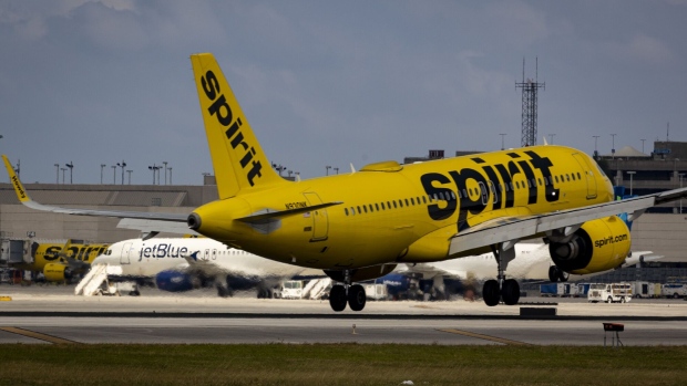 A Spirit passenger jet at Lauderdale-Hollywood International Airport.
