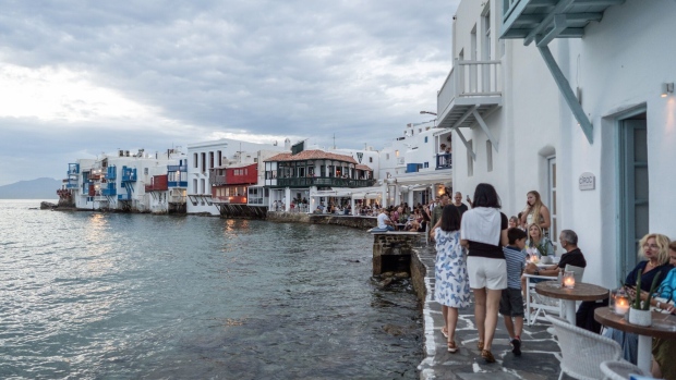 Visitors in Chora, Mykonos, Greece.